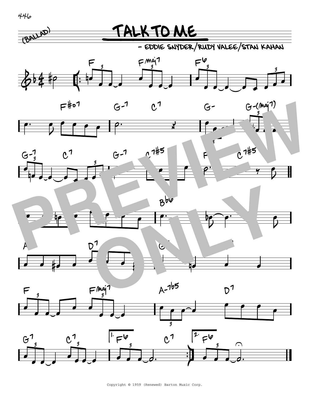 Learn to play Eddie Snyder Talk To Me sheet music for Real Book – Melody & Chords in minutes. Price: 5.9900$ Eddie Snyder Talk To Me sheet music notes and chords arranged for Real Book – Melody & Chords