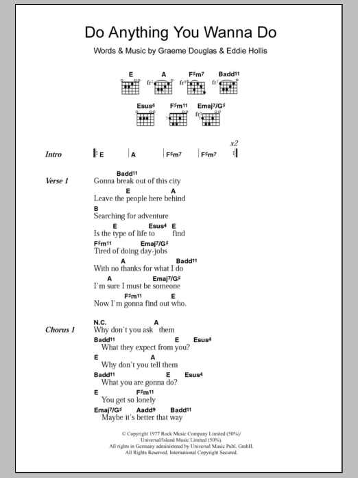 Eddie & The Hotrods Do Anything You Wanna Do sheet music notes and chords. Download Printable PDF.