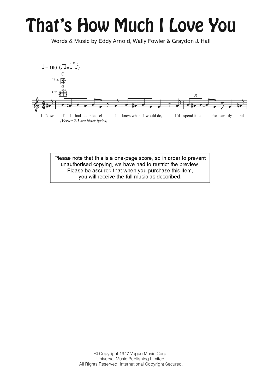 Learn to play Eddy Arnold That's How Much I Love You sheet music for Ukulele in minutes. Price: 5.9900$ Eddy Arnold That's How Much I Love You sheet music notes and chords arranged for Ukulele