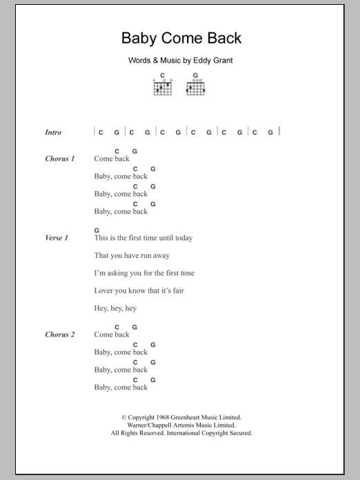 Eddy Grant Baby Come Back sheet music notes and chords. Download Printable PDF.