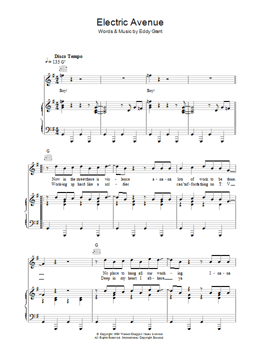 Learn to play Eddy Grant Electric Avenue sheet music for Piano, Vocal & Guitar Chords in minutes. Price: 7.8900$ Eddy Grant Electric Avenue sheet music notes and chords arranged for Piano, Vocal & Guitar Chords