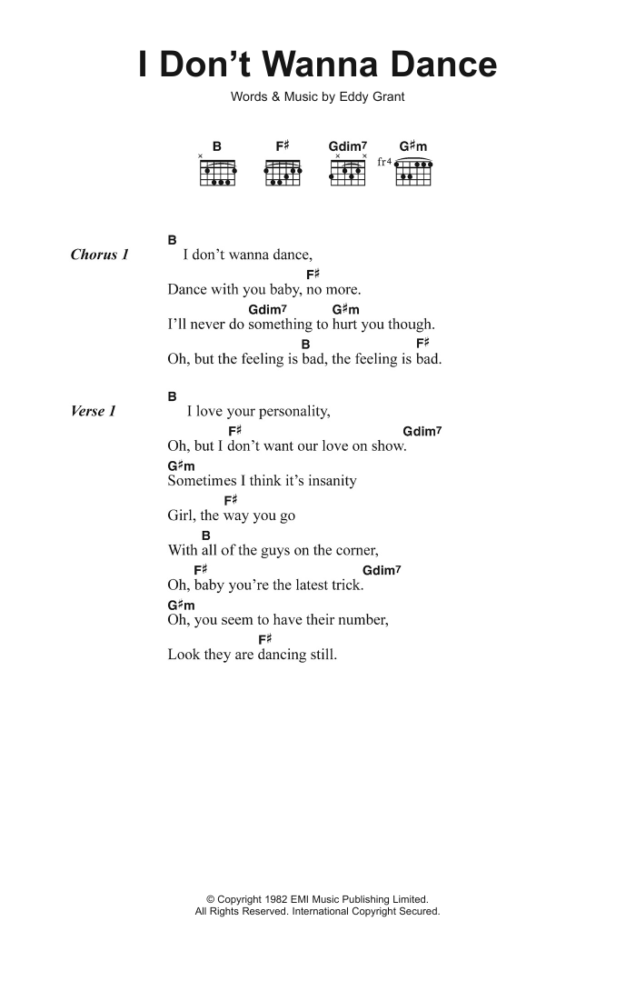 Eddy Grant I Don't Wanna Dance sheet music notes and chords arranged for Guitar Chords/Lyrics