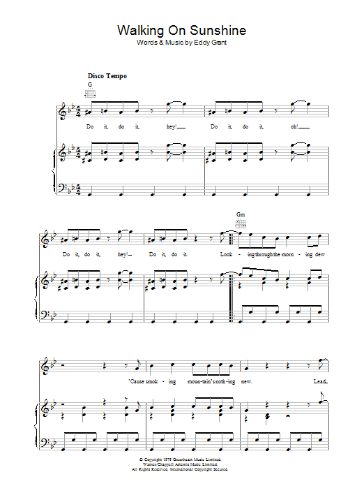 Learn to play Eddy Grant Walking On Sunshine sheet music for Piano, Vocal & Guitar Chords in minutes. Price: 7.8900$ Eddy Grant Walking On Sunshine sheet music notes and chords arranged for Piano, Vocal & Guitar Chords
