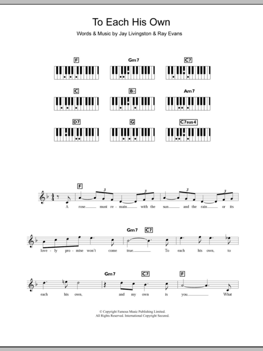 Learn to play Eddy Howard To Each His Own sheet music for Piano Chords/Lyrics in minutes. Price: 3.9900$ Eddy Howard To Each His Own sheet music notes and chords arranged for Piano Chords/Lyrics
