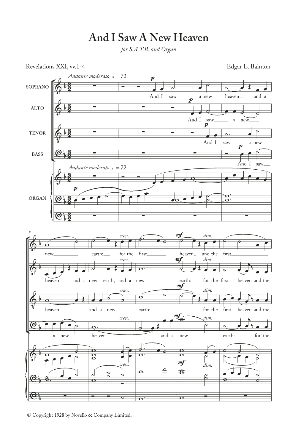 Edgar Bainton And I Saw A New Heaven sheet music notes and chords. Download Printable PDF.