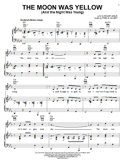 Learn to play Edgar Leslie The Moon Was Yellow (And The Night Was Young) sheet music for Piano, Vocal & Guitar Chords (Right-Hand Melody) in minutes. Price: 7.8900$ Edgar Leslie The Moon Was Yellow (And The Night Was Young) sheet music notes and chords arranged for Piano, Vocal & Guitar Chords (Right-Hand Melody)