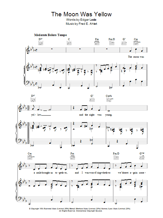 Learn to play Edgar Leslie The Moon Was Yellow sheet music for Piano, Vocal & Guitar Chords in minutes. Price: 7.8900$ Edgar Leslie The Moon Was Yellow sheet music notes and chords arranged for Piano, Vocal & Guitar Chords