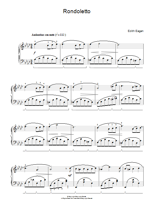 Learn to play Edith Eagan Rondoletto sheet music for Piano Solo in minutes. Price: 7.8900$ Edith Eagan Rondoletto sheet music notes and chords arranged for Piano Solo