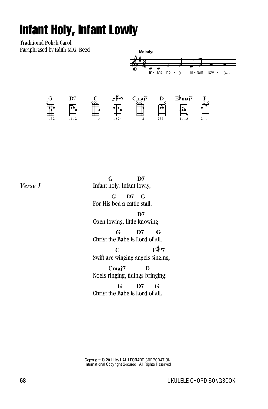 Edith M.G. Reed Infant Holy, Infant Lowly sheet music notes and chords arranged for Ukulele Chords/Lyrics