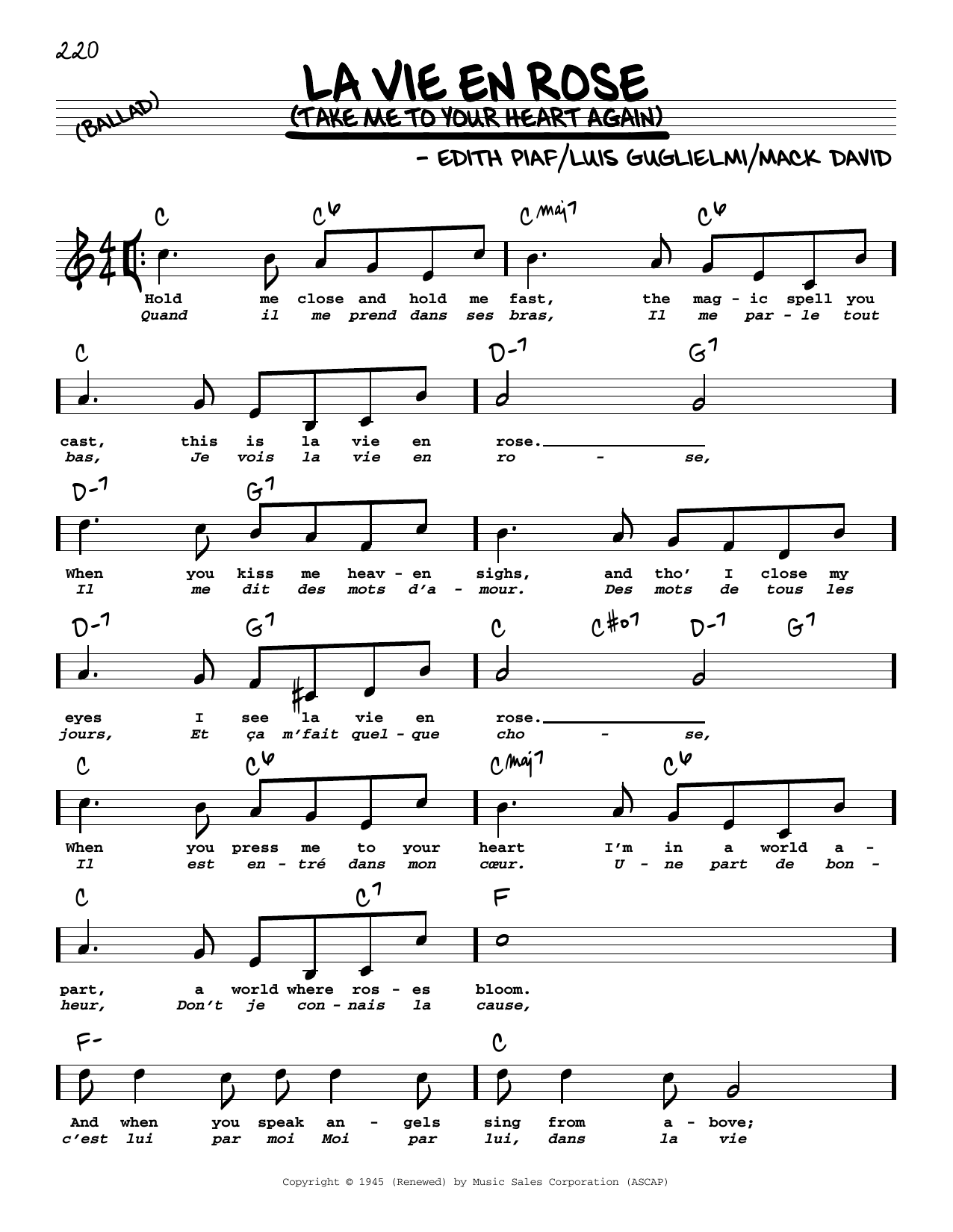 Edith Piaf La Vie En Rose (Take Me To Your Heart Again) (High Voice) sheet music notes and chords. Download Printable PDF.