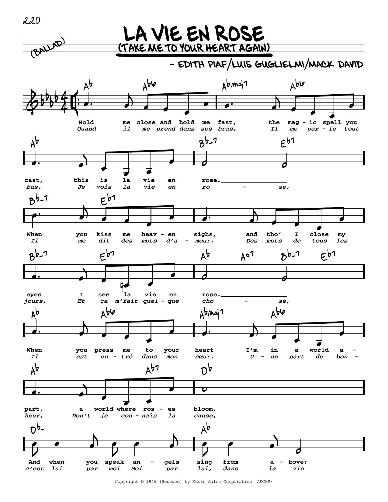 Edith Piaf La Vie En Rose (Take Me To Your Heart Again) (Low Voice) sheet music notes and chords. Download Printable PDF.