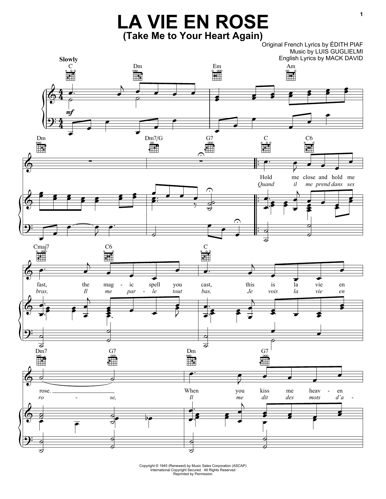 Edith Piaf La Vie En Rose (Take Me To Your Heart Again) sheet music notes and chords arranged for Clarinet Solo