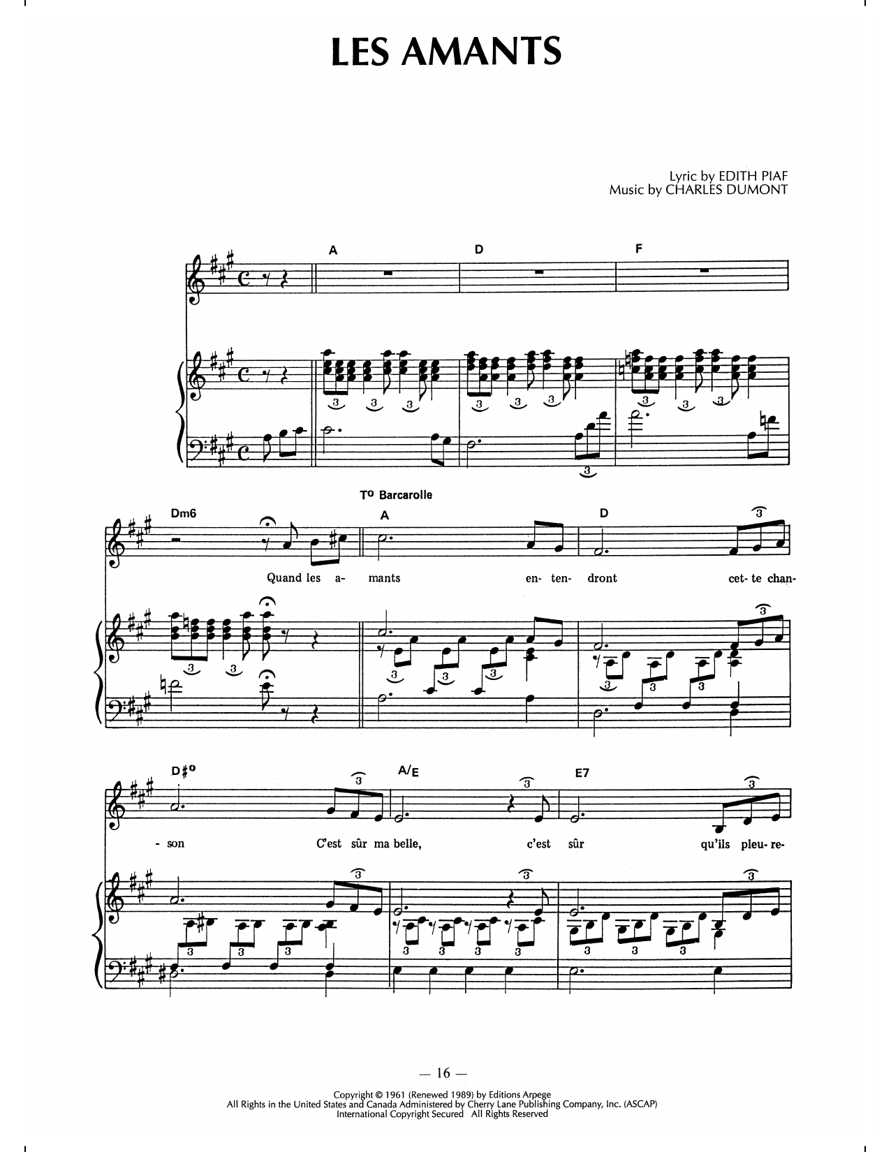 Edith Piaf Les Amants sheet music notes and chords arranged for Piano, Vocal & Guitar Chords (Right-Hand Melody)