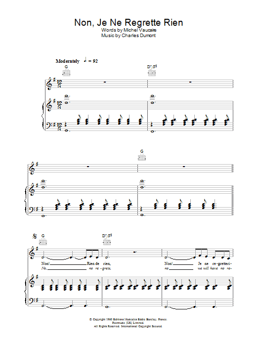 Michel Vaucaire Non, Je Ne Regrette Rien sheet music notes and chords arranged for Piano, Vocal & Guitar Chords (Right-Hand Melody)