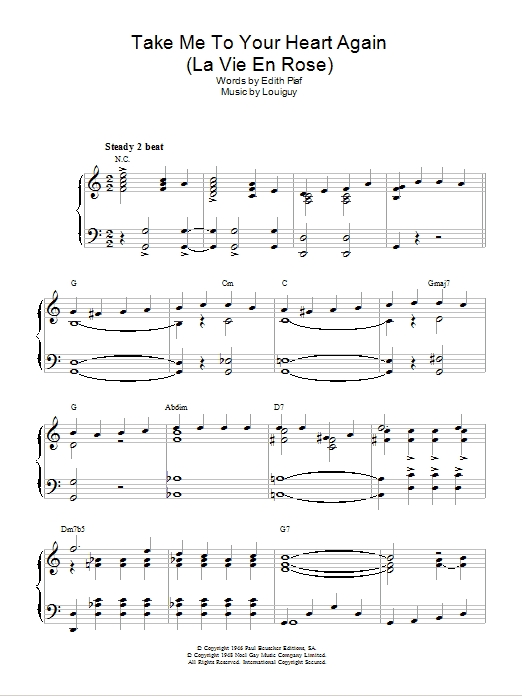 Edith Piaf Take Me To Your Heart Again (La Vie En Rose) sheet music notes and chords. Download Printable PDF.