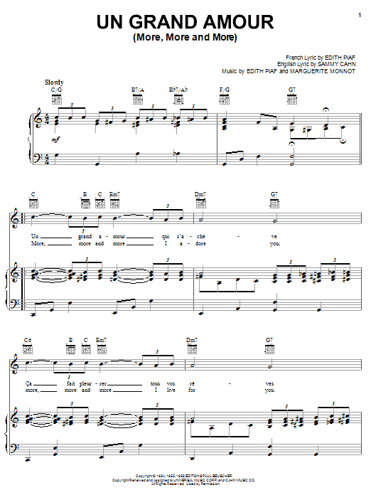 Learn to play Edith Piaf Un Grand Amour (More, More & More) sheet music for Piano, Vocal & Guitar Chords (Right-Hand Melody) in minutes. Price: 7.8900$ Edith Piaf Un Grand Amour (More, More & More) sheet music notes and chords arranged for Piano, Vocal & Guitar Chords (Right-Hand Melody)
