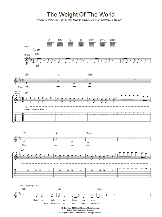 Learn to play Editors The Weight Of The World sheet music for Guitar Tab in minutes. Price: 7.8900$ Editors The Weight Of The World sheet music notes and chords arranged for Guitar Tab