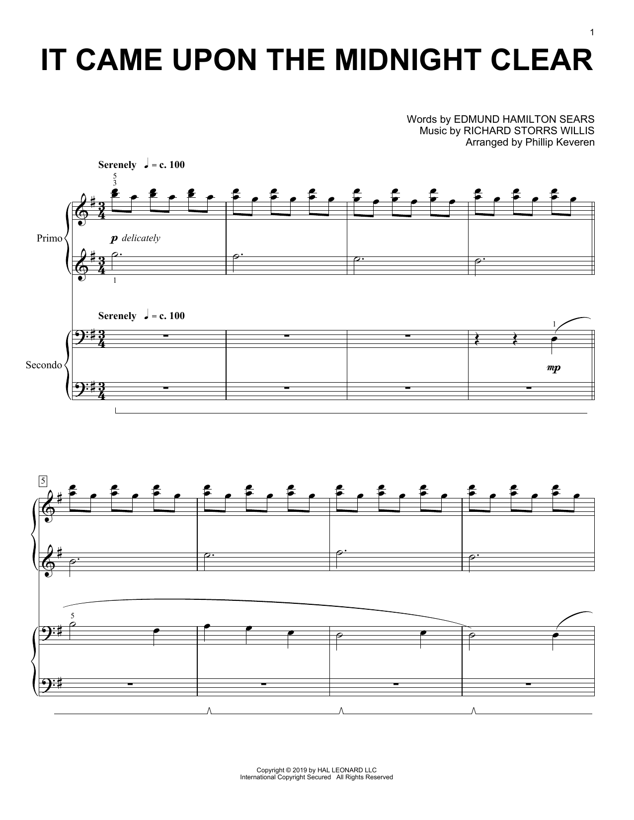 Edmund Hamilton Sears It Came Upon The Midnight Clear (arr. Phillip Keveren) sheet music notes and chords arranged for Piano Duet