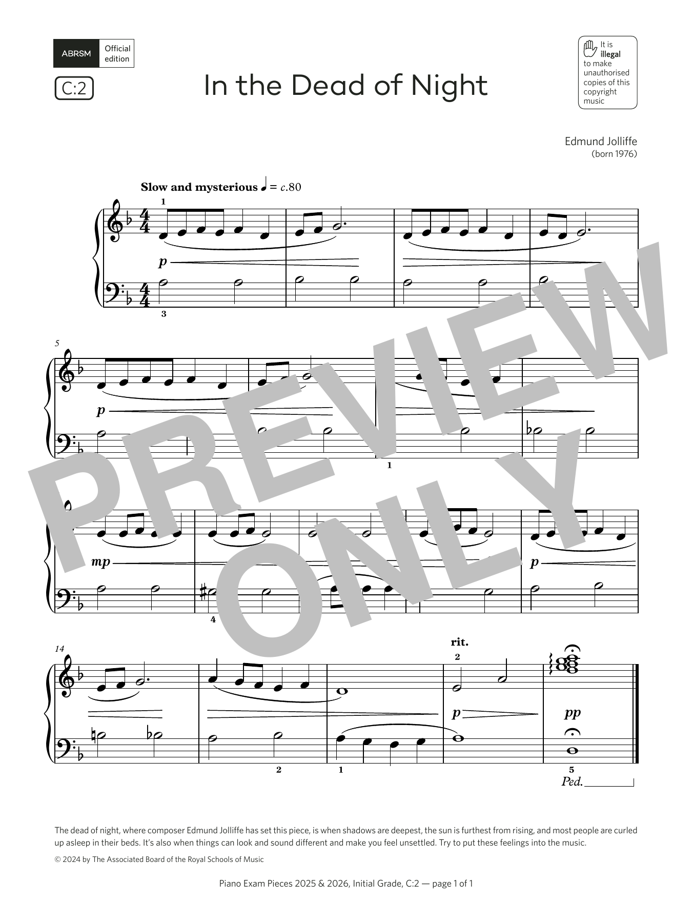 Edmund Jolliffe In the Dead of Night (Grade Initial, list C2, from the ABRSM Piano Syllabus 2025 & 2026) sheet music notes and chords. Download Printable PDF.