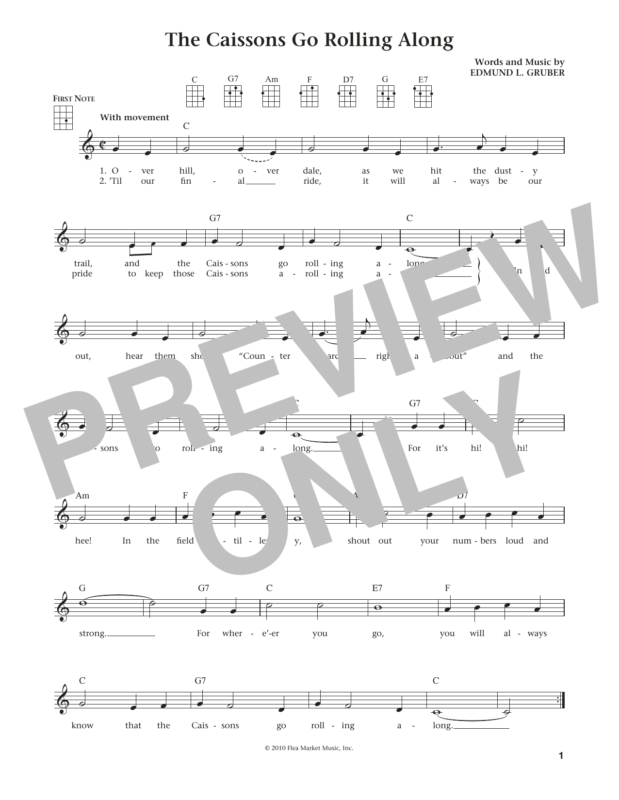 Learn to play Edmund L. Gruber The Caissons Go Rolling Along (from The Daily Ukulele) (arr. Liz and Jim Beloff) sheet music for Ukulele in minutes. Price: 5.9900$ Edmund L. Gruber The Caissons Go Rolling Along (from The Daily Ukulele) (arr. Liz and Jim Beloff) sheet music notes and chords arranged for Ukulele