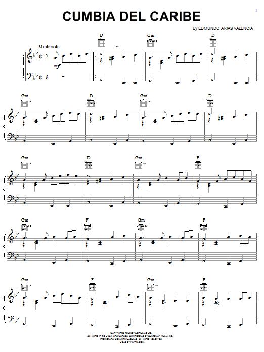 Learn to play Edmundo Arias Valencia Cumbia Del Caribe sheet music for Piano, Vocal & Guitar Chords (Right-Hand Melody) in minutes. Price: 7.8900$ Edmundo Arias Valencia Cumbia Del Caribe sheet music notes and chords arranged for Piano, Vocal & Guitar Chords (Right-Hand Melody)