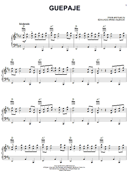 Learn to play Edmundo Arias Valencia Guepaje sheet music for Piano, Vocal & Guitar Chords (Right-Hand Melody) in minutes. Price: 7.8900$ Edmundo Arias Valencia Guepaje sheet music notes and chords arranged for Piano, Vocal & Guitar Chords (Right-Hand Melody)