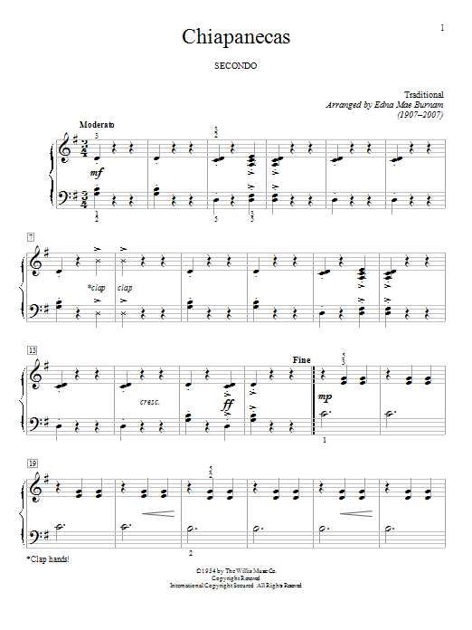 Learn to play Edna Mae Burnam Chiapanecas sheet music for Piano Duet in minutes. Price: 7.8900$ Edna Mae Burnam Chiapanecas sheet music notes and chords arranged for Piano Duet
