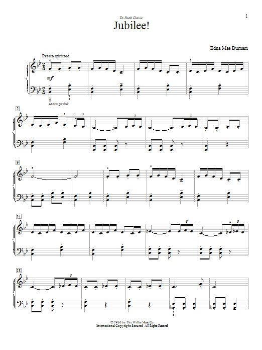 Learn to play Edna Mae Burnam Jubilee! sheet music for Educational Piano in minutes. Price: 6.9900$ Edna Mae Burnam Jubilee! sheet music notes and chords arranged for Educational Piano