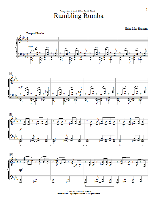Learn to play Edna Mae Burnam Rumbling Rumba sheet music for Educational Piano in minutes. Price: 6.9900$ Edna Mae Burnam Rumbling Rumba sheet music notes and chords arranged for Educational Piano