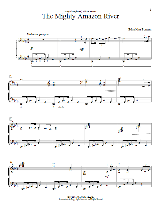Learn to play Edna Mae Burnam The Mighty Amazon River sheet music for Educational Piano in minutes. Price: 6.9900$ Edna Mae Burnam The Mighty Amazon River sheet music notes and chords arranged for Educational Piano