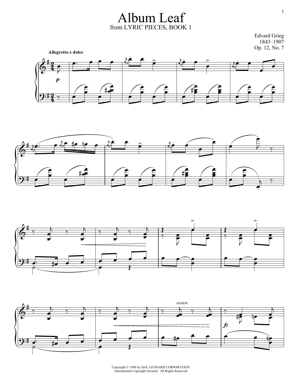 Learn to play Edvard Grieg Album Leaf, Op. 12, No. 7 sheet music for Piano Solo in minutes. Price: 7.8900$ Edvard Grieg Album Leaf, Op. 12, No. 7 sheet music notes and chords arranged for Piano Solo