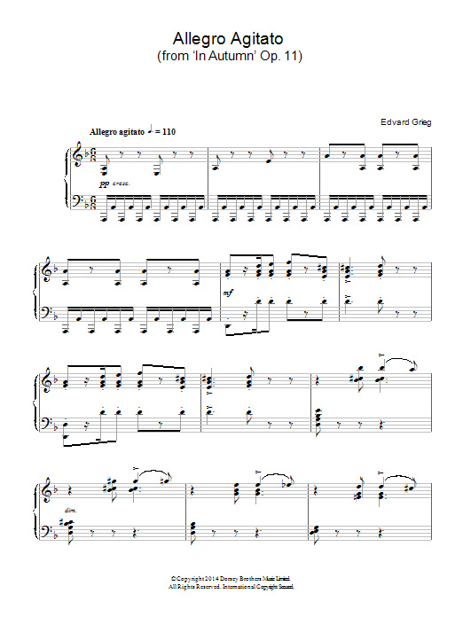 Learn to play Edvard Grieg Allegro Agitato (from 'In Autumn' Op. 11) sheet music for Piano Solo in minutes. Price: 7.8900$ Edvard Grieg Allegro Agitato (from 'In Autumn' Op. 11) sheet music notes and chords arranged for Piano Solo