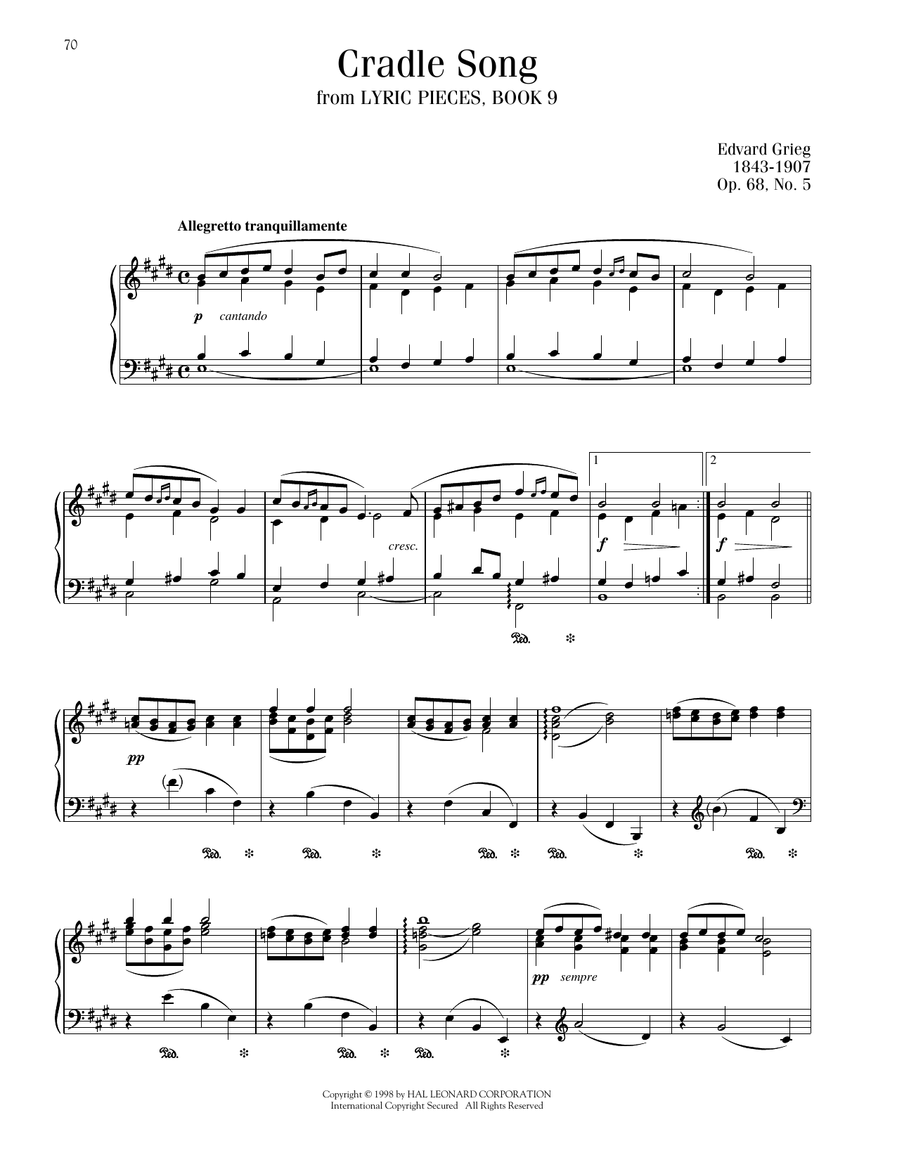Learn to play Edvard Grieg Cradle Song, Op. 68, No. 5 sheet music for Piano Solo in minutes. Price: 7.8900$ Edvard Grieg Cradle Song, Op. 68, No. 5 sheet music notes and chords arranged for Piano Solo