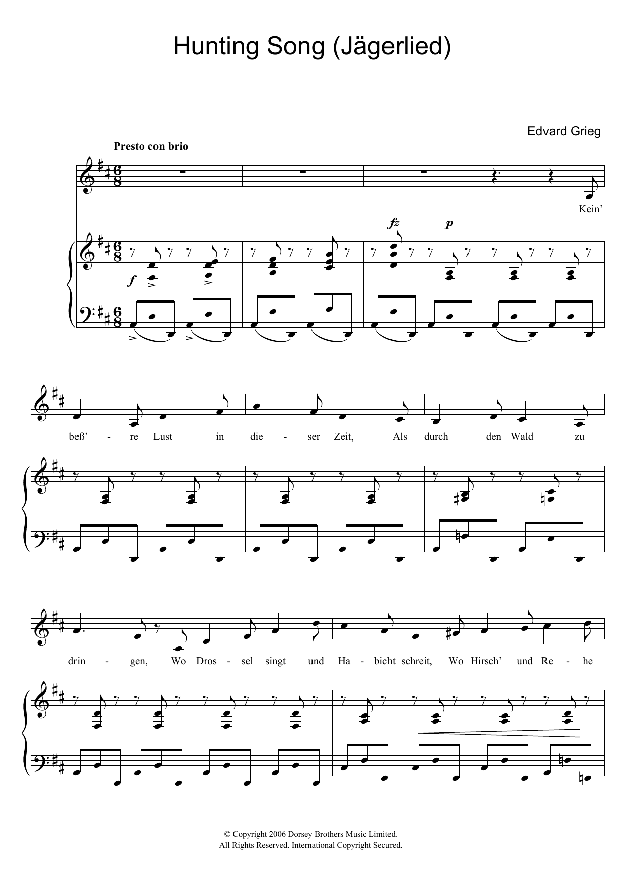 Learn to play Edvard Grieg Hunting Song (Jagerlied) sheet music for Piano & Vocal in minutes. Price: 7.8900$ Edvard Grieg Hunting Song (Jagerlied) sheet music notes and chords arranged for Piano & Vocal