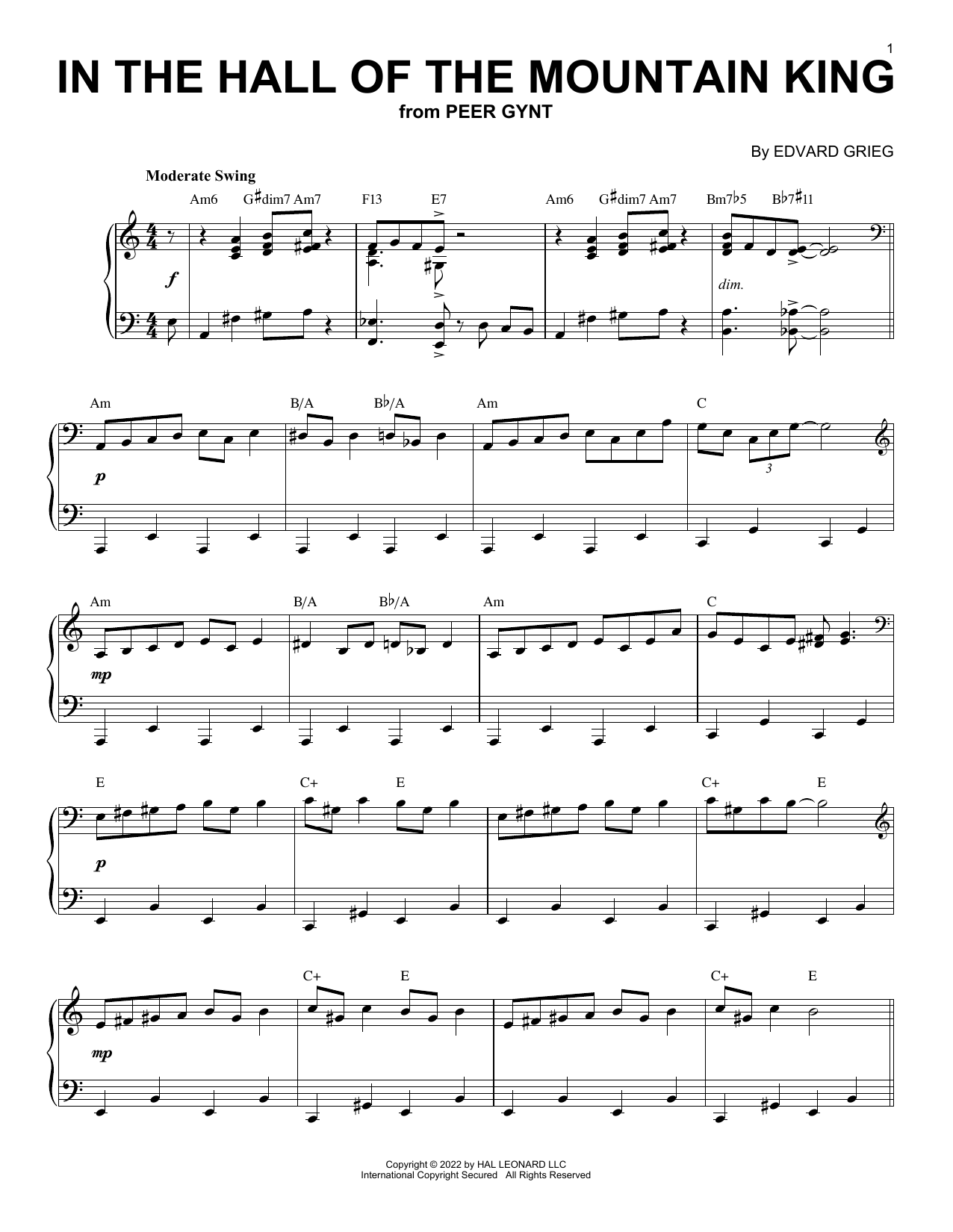 Edvard Grieg In The Hall Of The Mountain King [Jazz version] (arr. Brent Edstrom) sheet music notes and chords. Download Printable PDF.