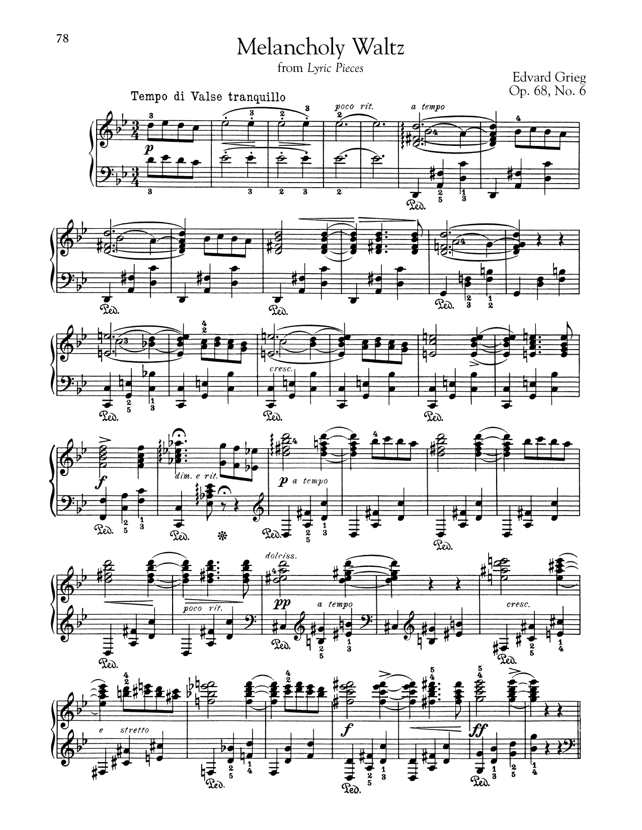 Learn to play Edvard Grieg Melancholy Waltz, Op. 68, No. 6 sheet music for Piano Solo in minutes. Price: 7.8900$ Edvard Grieg Melancholy Waltz, Op. 68, No. 6 sheet music notes and chords arranged for Piano Solo