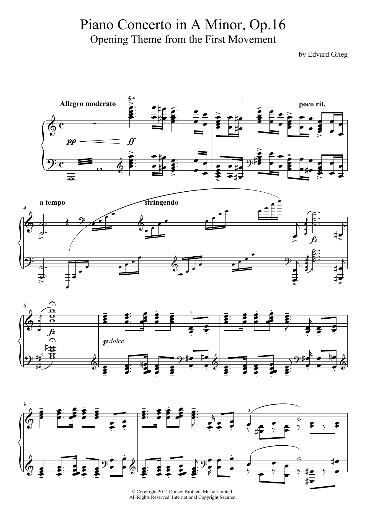 Edvard Grieg Piano Concerto in A Minor, Op.16, Opening Theme sheet music notes and chords. Download Printable PDF.