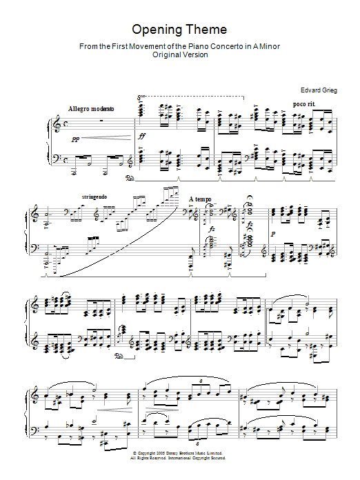 Edvard Grieg Opening Theme from Piano Concerto in A Minor sheet music notes and chords arranged for Piano Solo