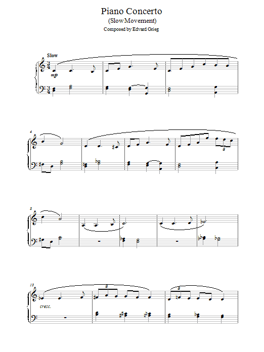 Edvard Grieg Piano Concerto in G minor (Slow Movement) sheet music notes and chords. Download Printable PDF.