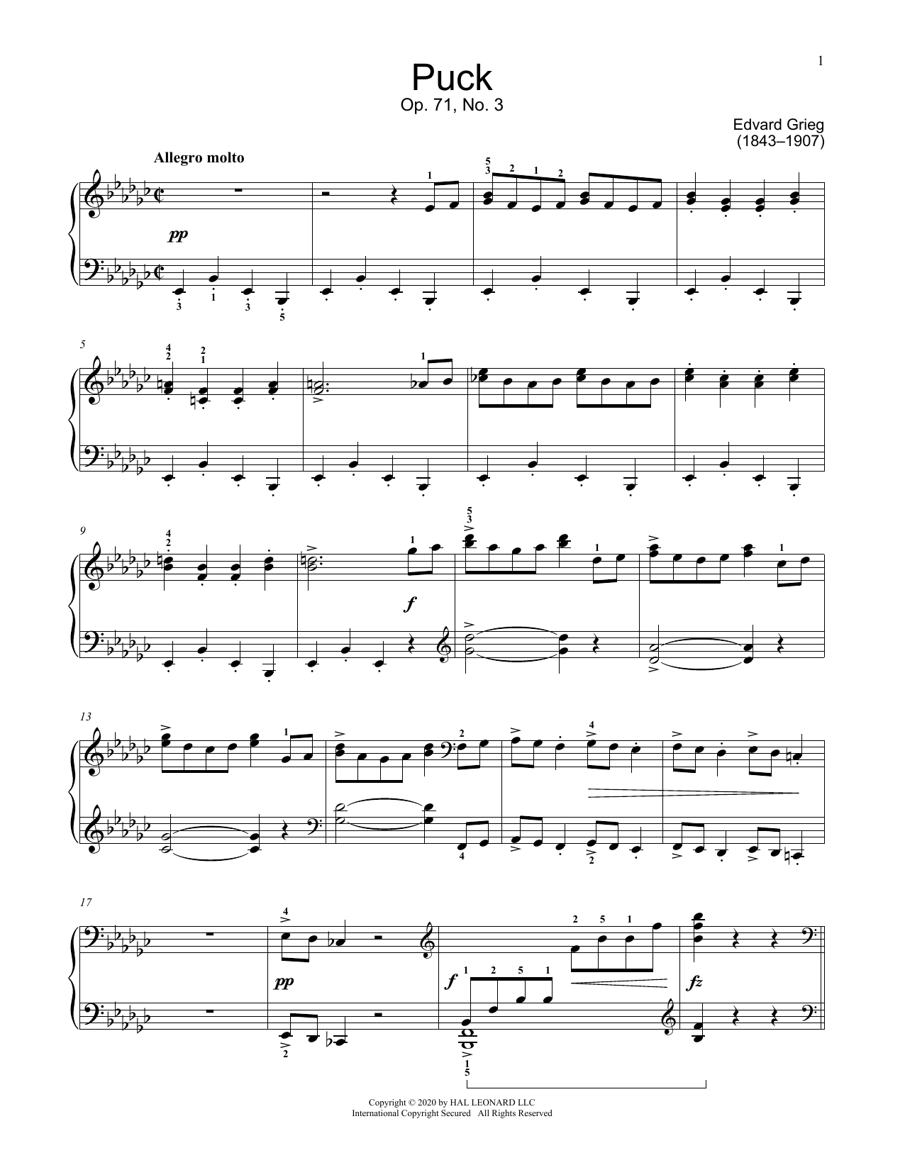 Learn to play Edvard Grieg Puck, Op. 71, No. 3 sheet music for Educational Piano in minutes. Price: 6.9900$ Edvard Grieg Puck, Op. 71, No. 3 sheet music notes and chords arranged for Educational Piano