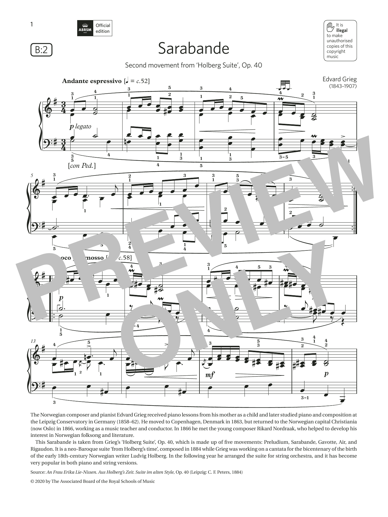 Edvard Grieg Sarabande (Grade 7, list B2, from the ABRSM Piano Syllabus 2021 & 2022) sheet music notes and chords. Download Printable PDF.