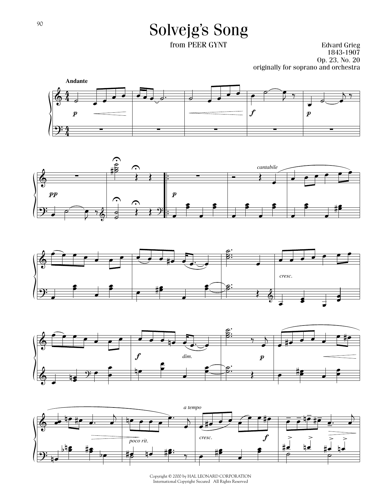 Edvard Grieg Solveig's Song sheet music notes and chords. Download Printable PDF.