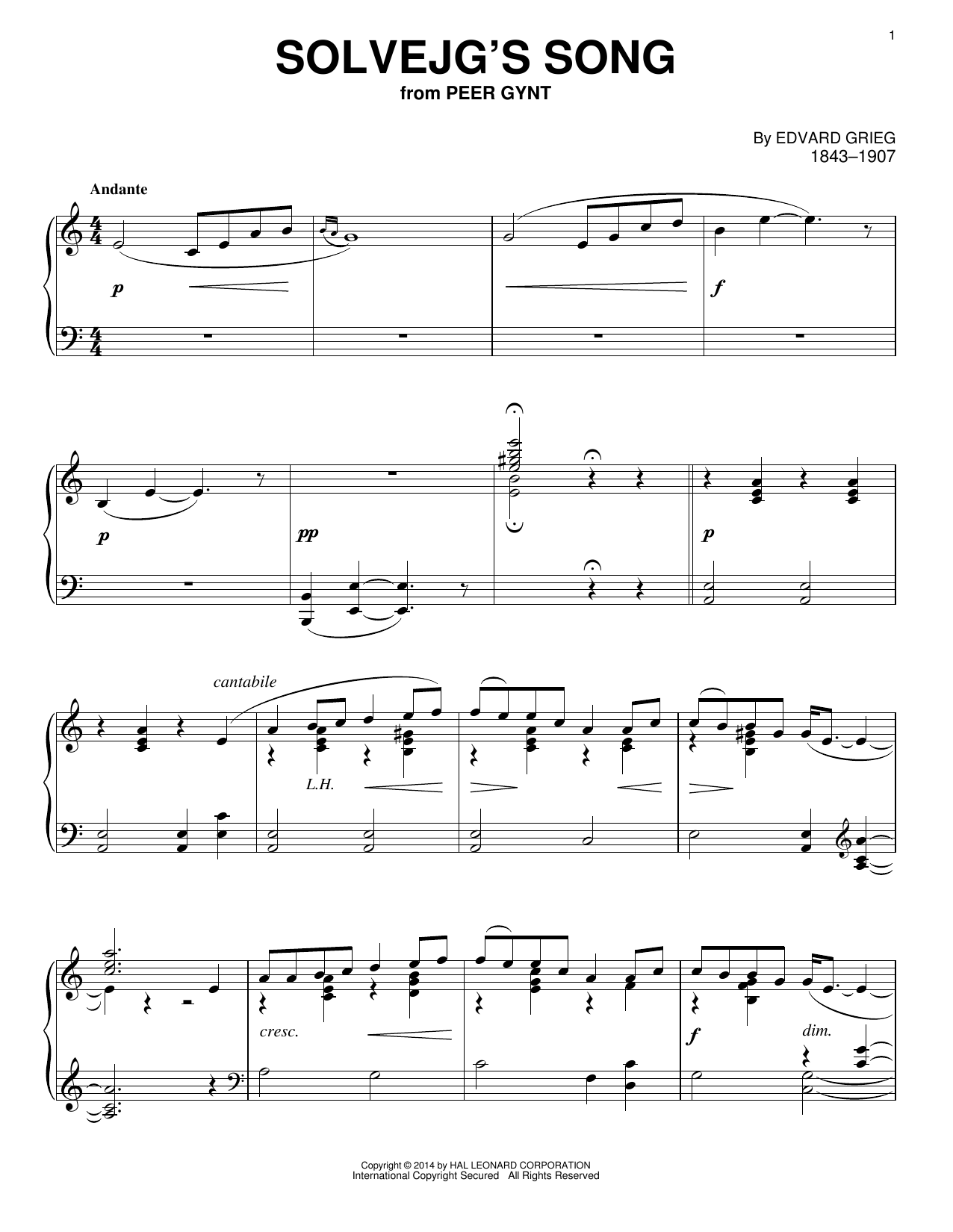Learn to play Edvard Grieg Solvejg's Song sheet music for Piano Solo in minutes. Price: 7.8900$ Edvard Grieg Solvejg's Song sheet music notes and chords arranged for Piano Solo