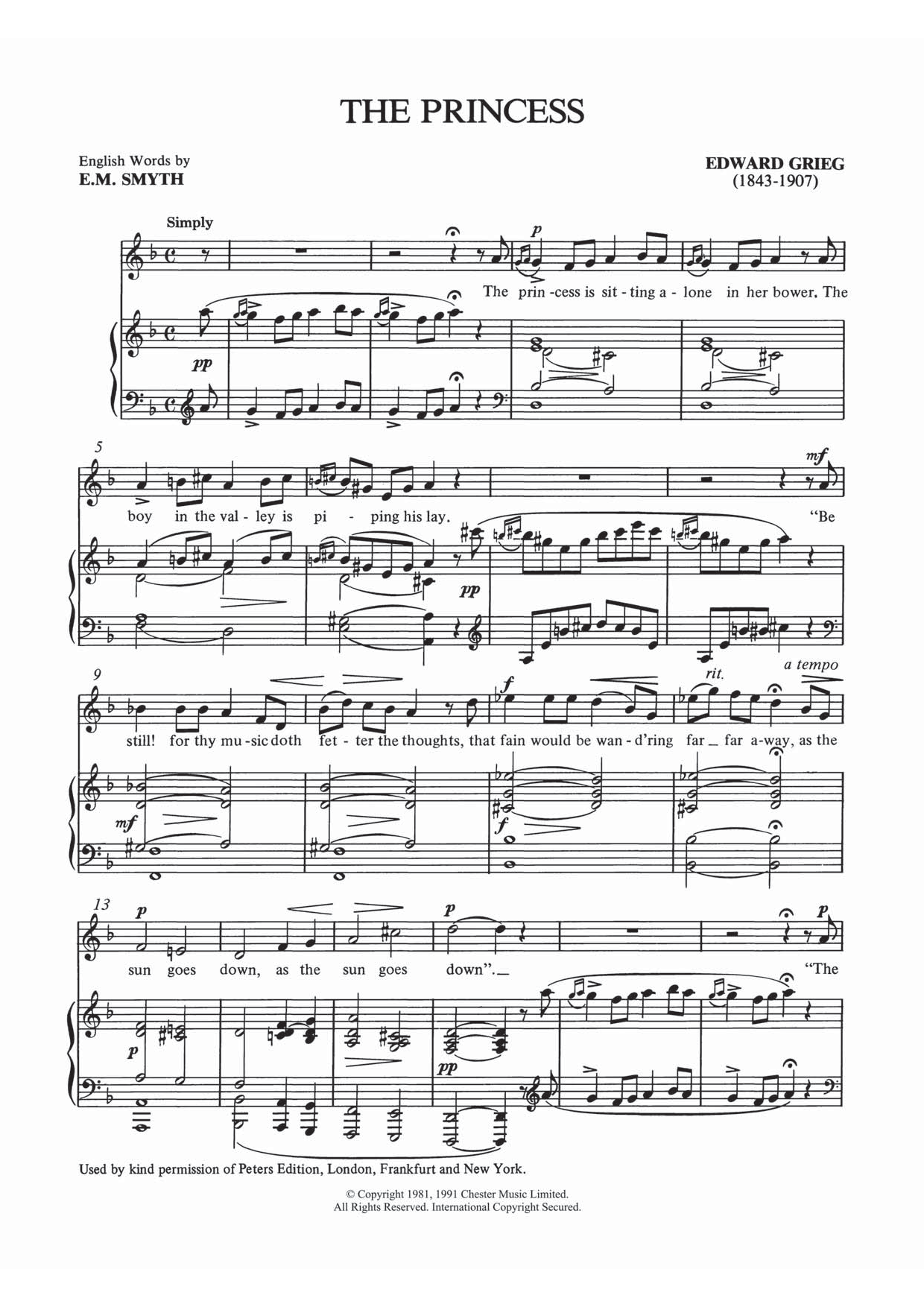 Learn to play Edvard Grieg The Princess sheet music for Piano & Vocal in minutes. Price: 7.8900$ Edvard Grieg The Princess sheet music notes and chords arranged for Piano & Vocal