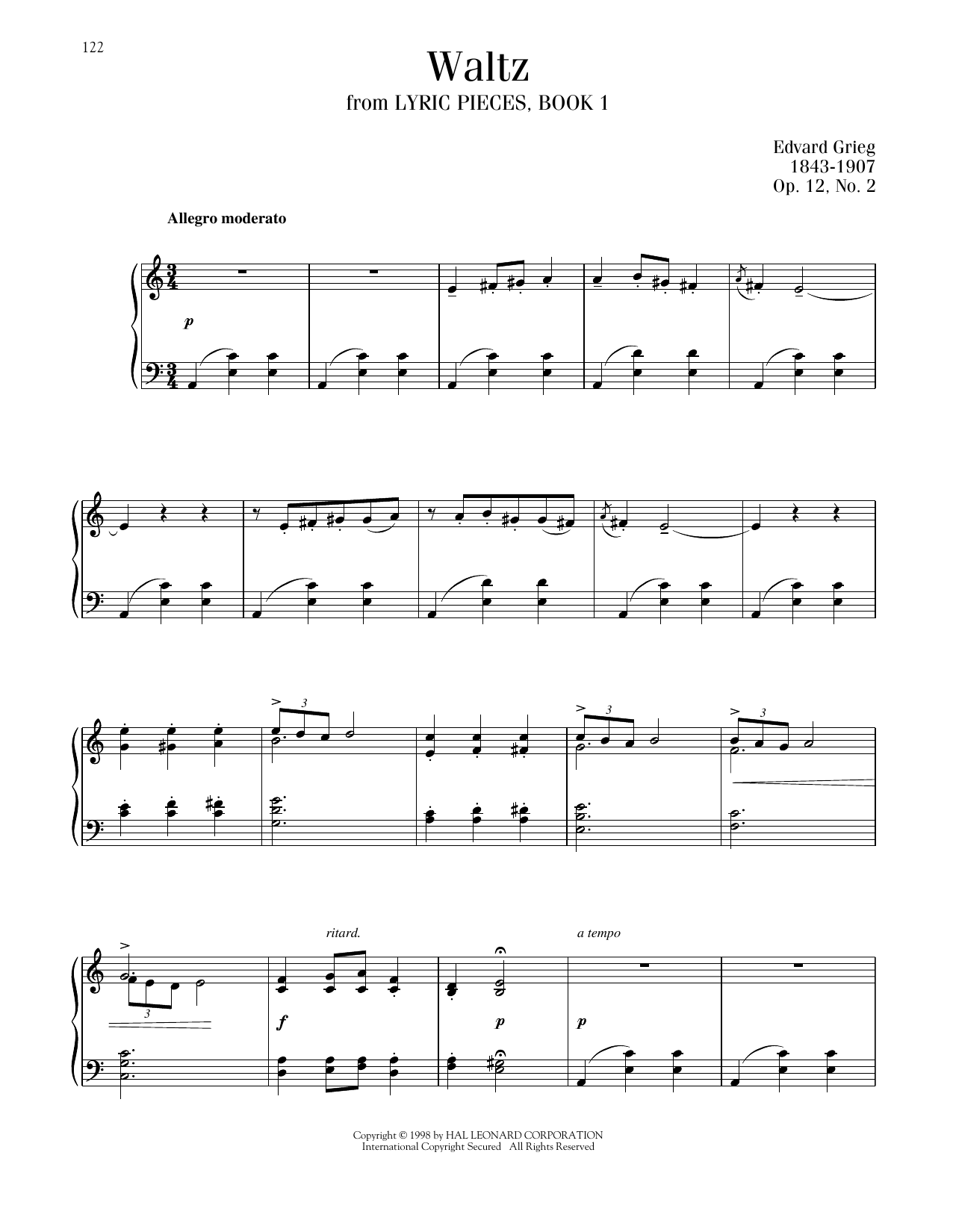 Edvard Grieg Waltz, Op. 12, No. 2 sheet music notes and chords arranged for Piano Solo