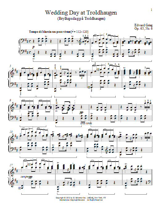 Learn to play William Westney Wedding Day At Troldhaugen (Bryllupsdag pa Troldhaugen), Op. 65, No. 6 sheet music for Piano Solo in minutes. Price: 7.8900$ William Westney Wedding Day At Troldhaugen (Bryllupsdag pa Troldhaugen), Op. 65, No. 6 sheet music notes and chords arranged for Piano Solo