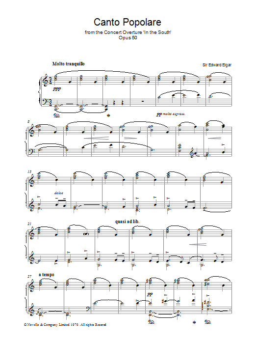 Learn to play Edward Elgar Canto Popolare (from In The South, Op.50) sheet music for Piano Solo in minutes. Price: 7.8900$ Edward Elgar Canto Popolare (from In The South, Op.50) sheet music notes and chords arranged for Piano Solo