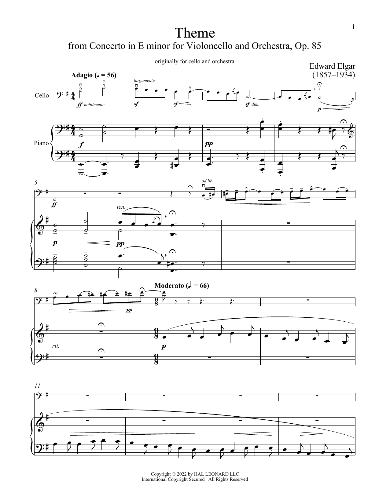 Edward Elgar Cello Concerto sheet music notes and chords. Download Printable PDF.