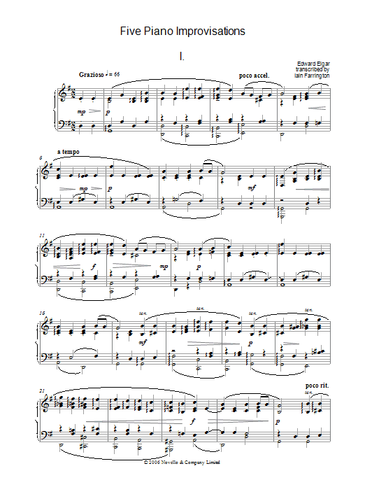 Learn to play Edward Elgar Five Piano Improvisations: 1. Grazioso sheet music for Piano Solo in minutes. Price: 7.8900$ Edward Elgar Five Piano Improvisations: 1. Grazioso sheet music notes and chords arranged for Piano Solo