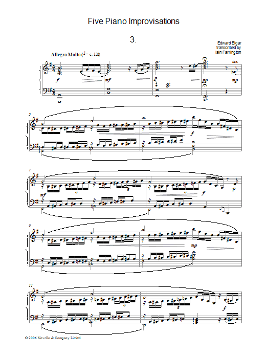 Learn to play Edward Elgar Five Piano Improvisations: 3. Allegro Molto sheet music for Piano Solo in minutes. Price: 7.8900$ Edward Elgar Five Piano Improvisations: 3. Allegro Molto sheet music notes and chords arranged for Piano Solo